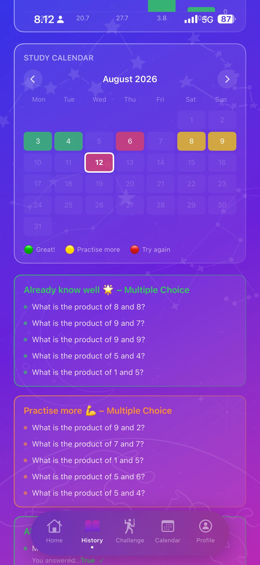 The study history and calendar screen